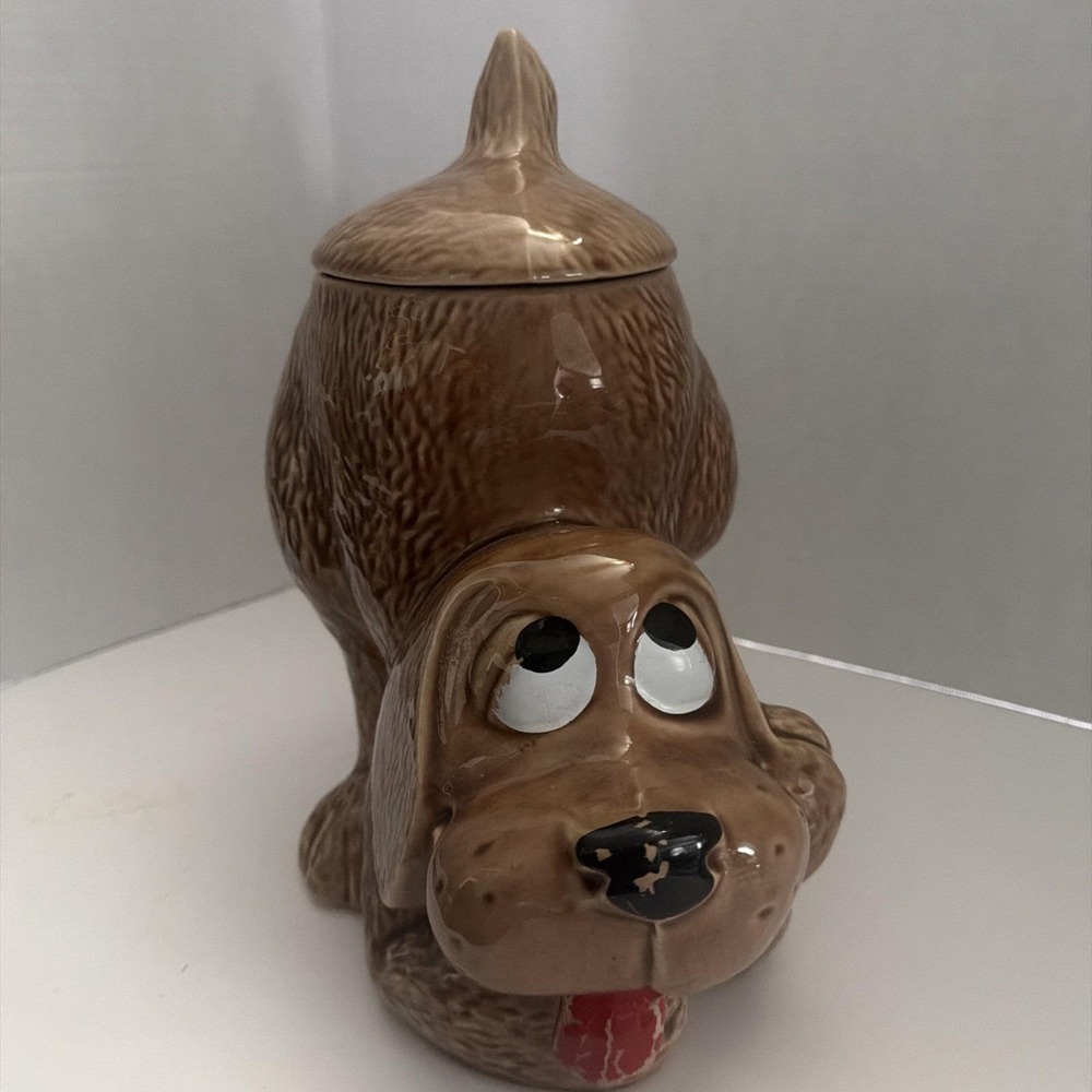 Vintage USA Pottery Dog Cookie Jar Brown Puppy Ceramic Treat Canister 0272 Y2K